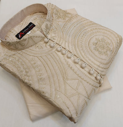 Light Beige - Kurta Pajama - Masoori Sequence Work - Cotton Silk Fabric