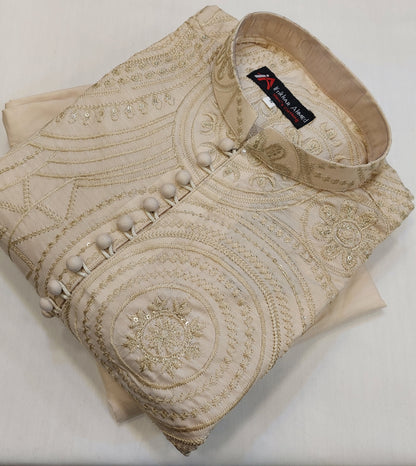 Light Beige - Kurta Pajama - Masoori Sequence Work - Cotton Silk Fabric