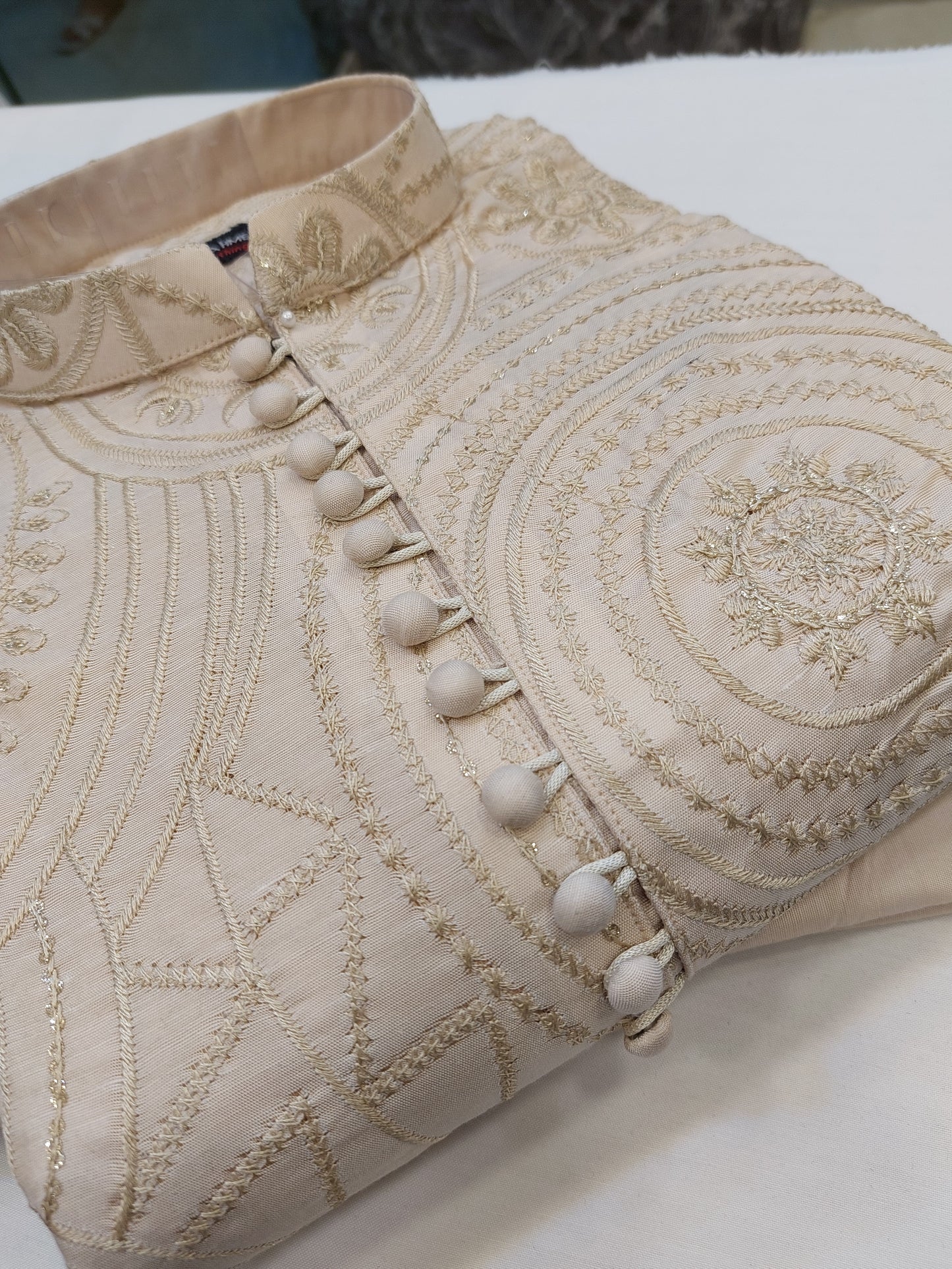 Light Beige - Kurta Pajama - Masoori Sequence Work - Cotton Silk Fabric