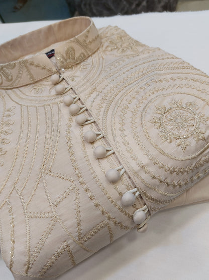 Light Beige - Kurta Pajama - Masoori Sequence Work - Cotton Silk Fabric