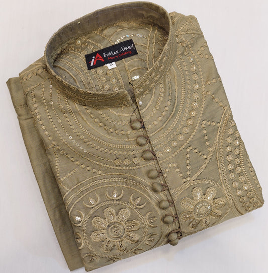 Shampion Green - Kurta Pajama - Masoori Sequence Work - Cotton Silk Fabric