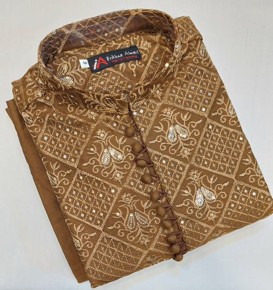 Brown - Kurta Pajama - Masoori Sequence Work - Cotton Silk Fabric