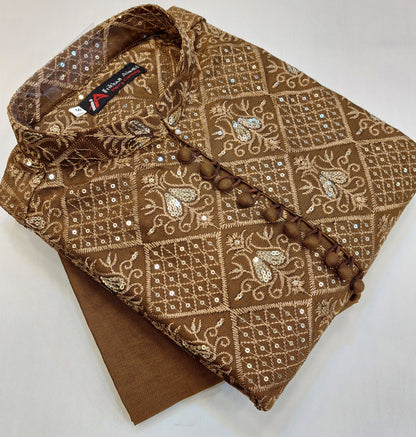 Brown - Kurta Pajama - Masoori Sequence Work - Cotton Silk Fabric