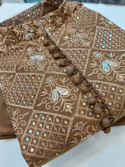 Brown - Kurta Pajama - Masoori Sequence Work - Cotton Silk Fabric