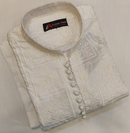 Milky White - Kurta Pajama - Masoori Sequence Work - Cotton Silk Fabric
