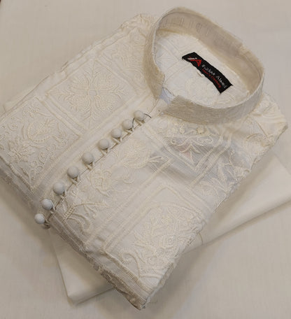 Milky White - Kurta Pajama - Masoori Sequence Work - Cotton Silk Fabric