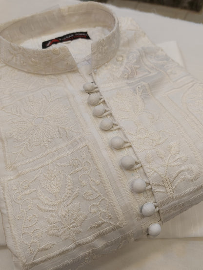 Milky White - Kurta Pajama - Masoori Sequence Work - Cotton Silk Fabric