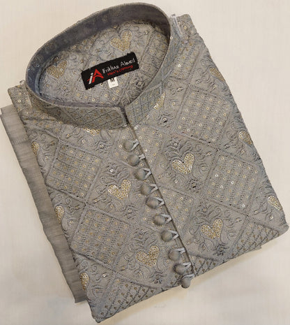 Steel Grey - Kurta Pajama - Masoori Sequence Work - Cotton Silk Fabric