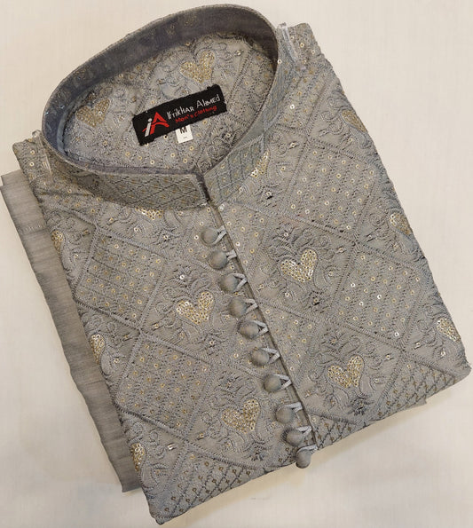 Steel Grey - Kurta Pajama - Masoori Sequence Work - Cotton Silk Fabric
