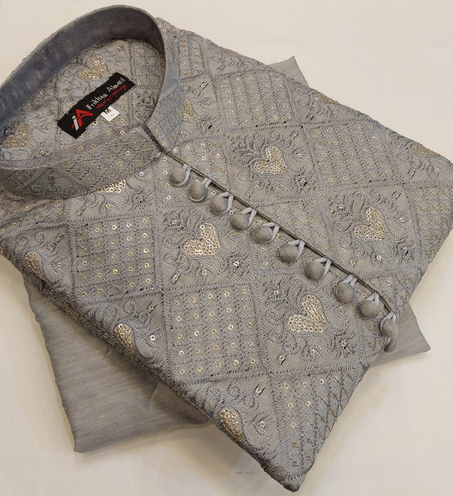 Steel Grey - Kurta Pajama - Masoori Sequence Work - Cotton Silk Fabric