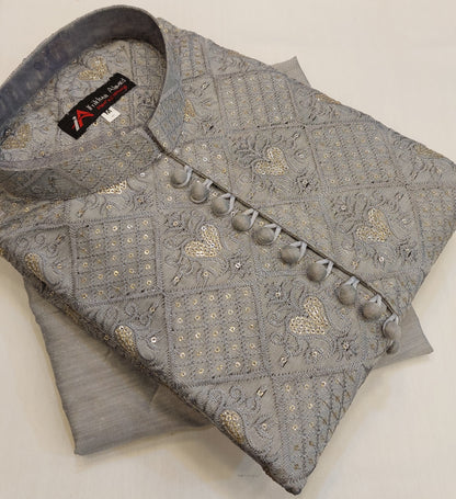 Steel Grey - Kurta Pajama - Masoori Sequence Work - Cotton Silk Fabric