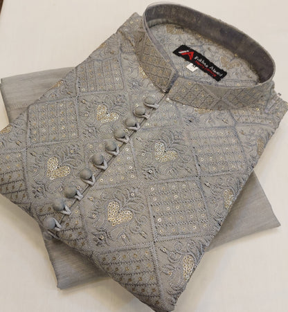 Steel Grey - Kurta Pajama - Masoori Sequence Work - Cotton Silk Fabric