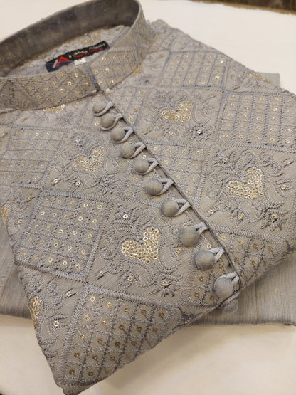 Steel Grey - Kurta Pajama - Masoori Sequence Work - Cotton Silk Fabric