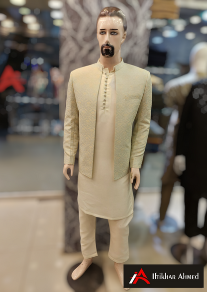 Sea Green With Cream Embroidery -  Open Style Prince Coat - Masoori Fabric