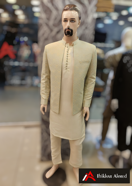 Sea Green With Cream Embroidery -  Open Style Prince Coat - Masoori Fabric