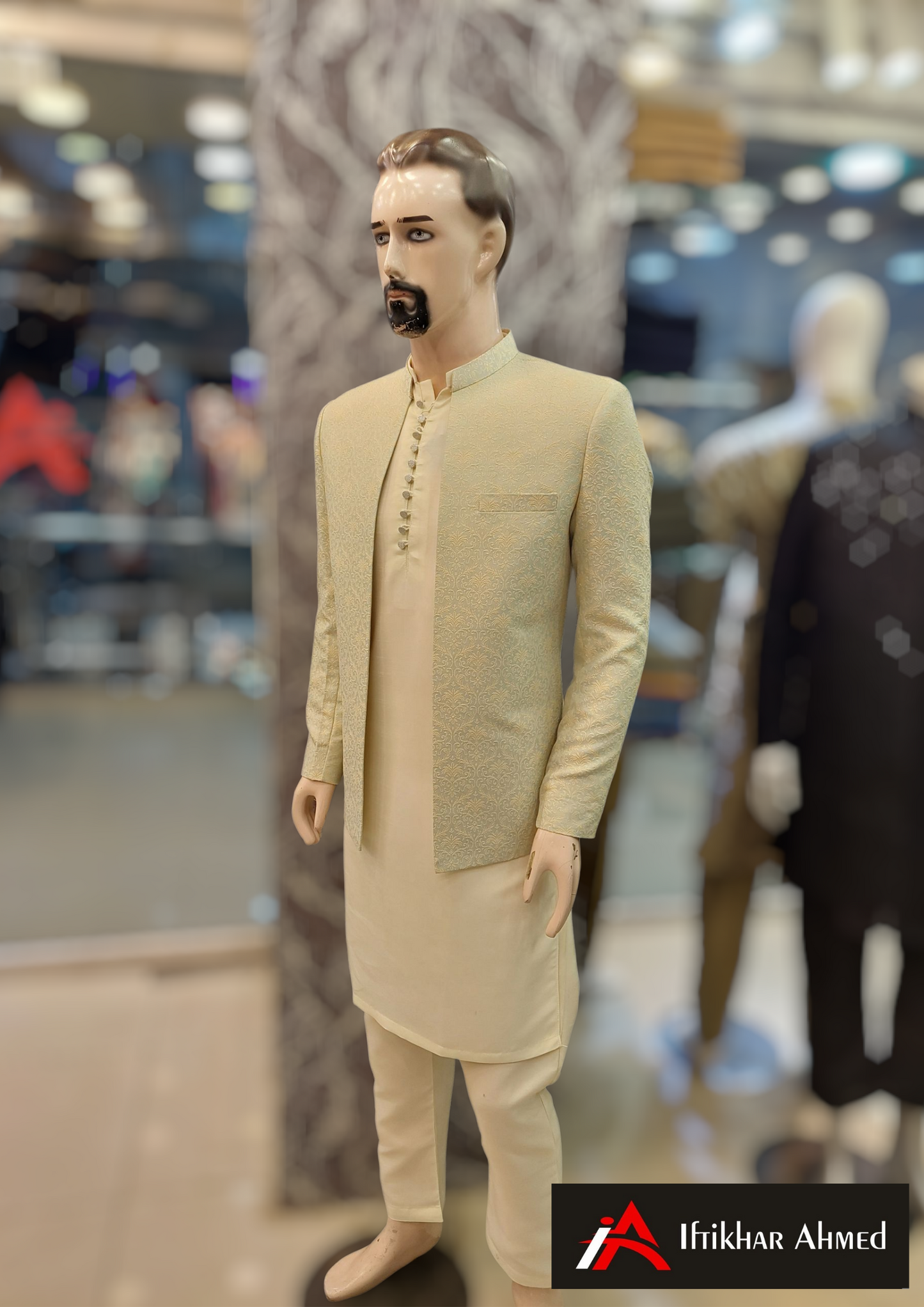 Sea Green With Cream Embroidery -  Open Style Prince Coat - Masoori Fabric