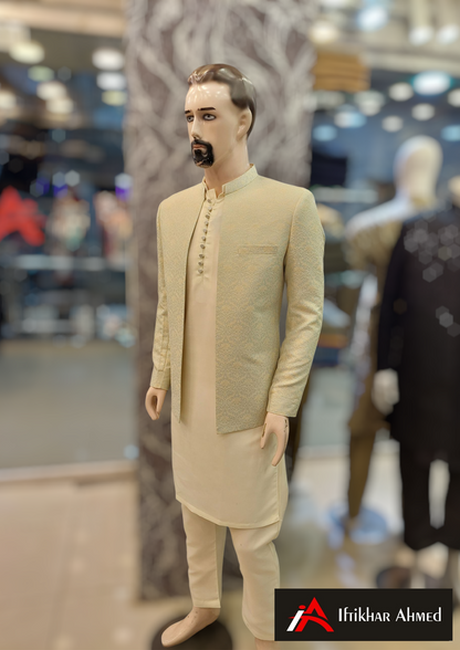 Sea Green With Cream Embroidery -  Open Style Prince Coat - Masoori Fabric