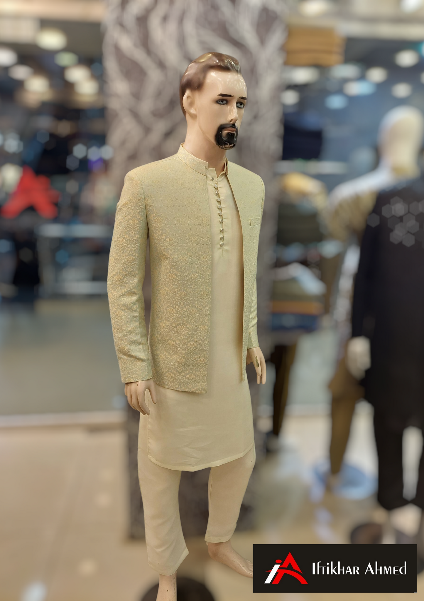 Sea Green With Cream Embroidery -  Open Style Prince Coat - Masoori Fabric