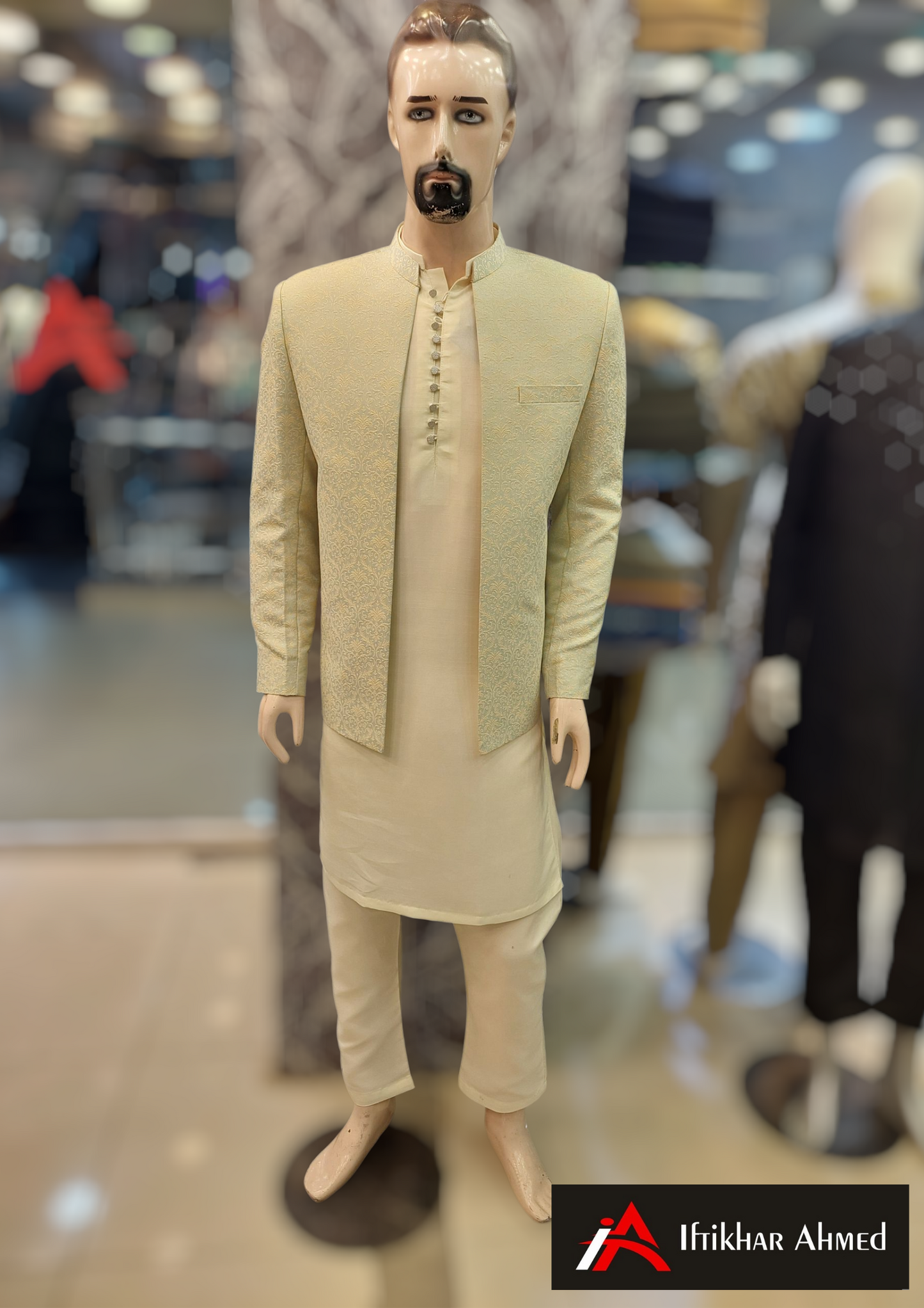 Sea Green With Cream Embroidery -  Open Style Prince Coat - Masoori Fabric