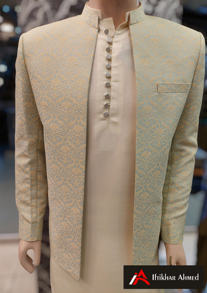 Sea Green With Cream Embroidery -  Open Style Prince Coat - Masoori Fabric