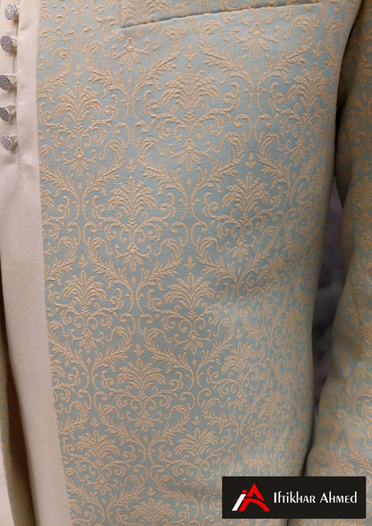 Sea Green With Cream Embroidery -  Open Style Prince Coat - Masoori Fabric