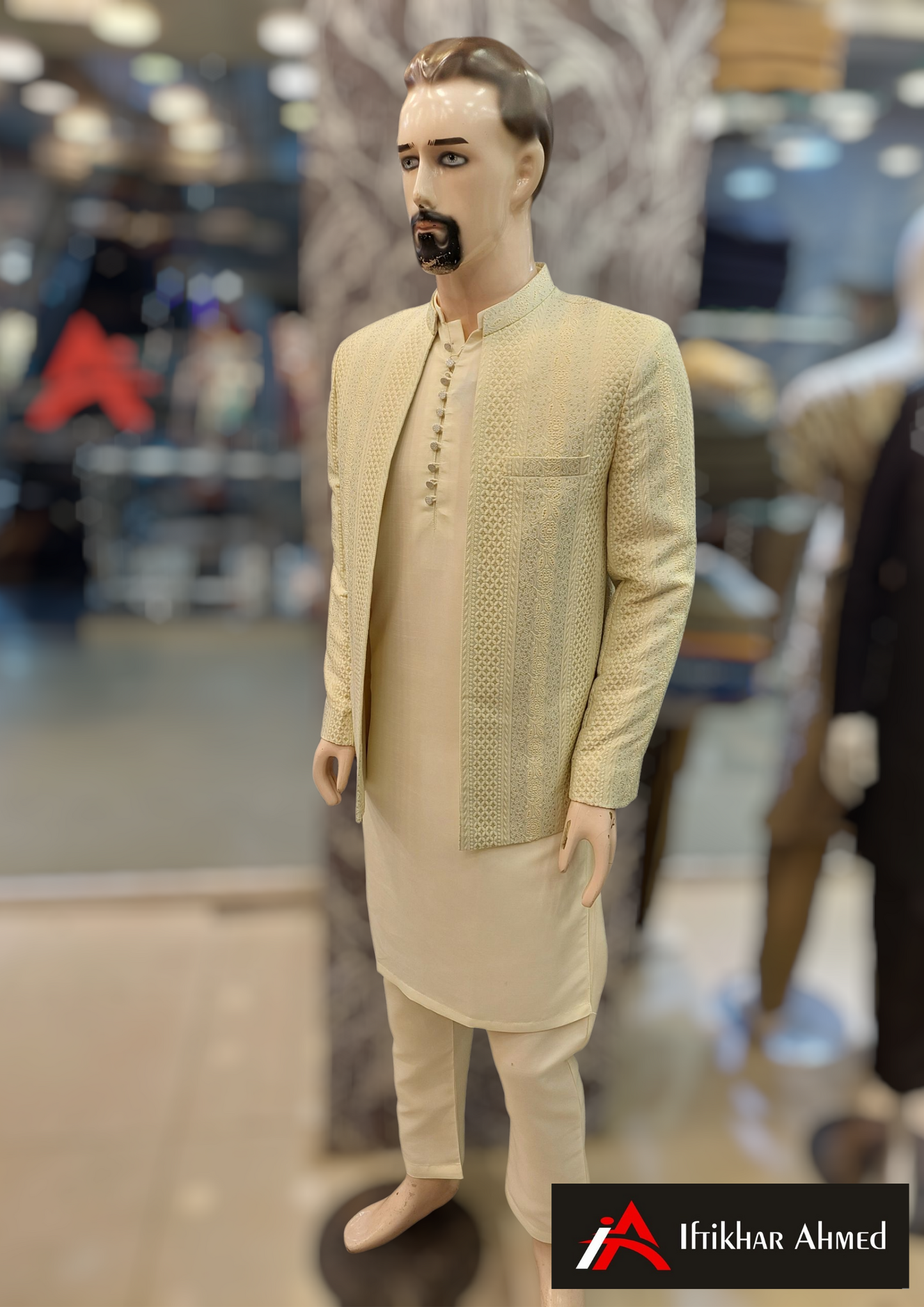Sea Green With Cream Embroidery -  Open Style Prince Coat - MDC Fabric