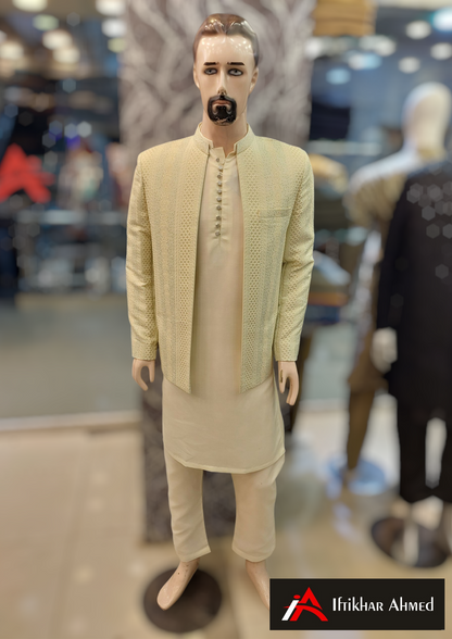 Sea Green With Cream Embroidery -  Open Style Prince Coat - MDC Fabric