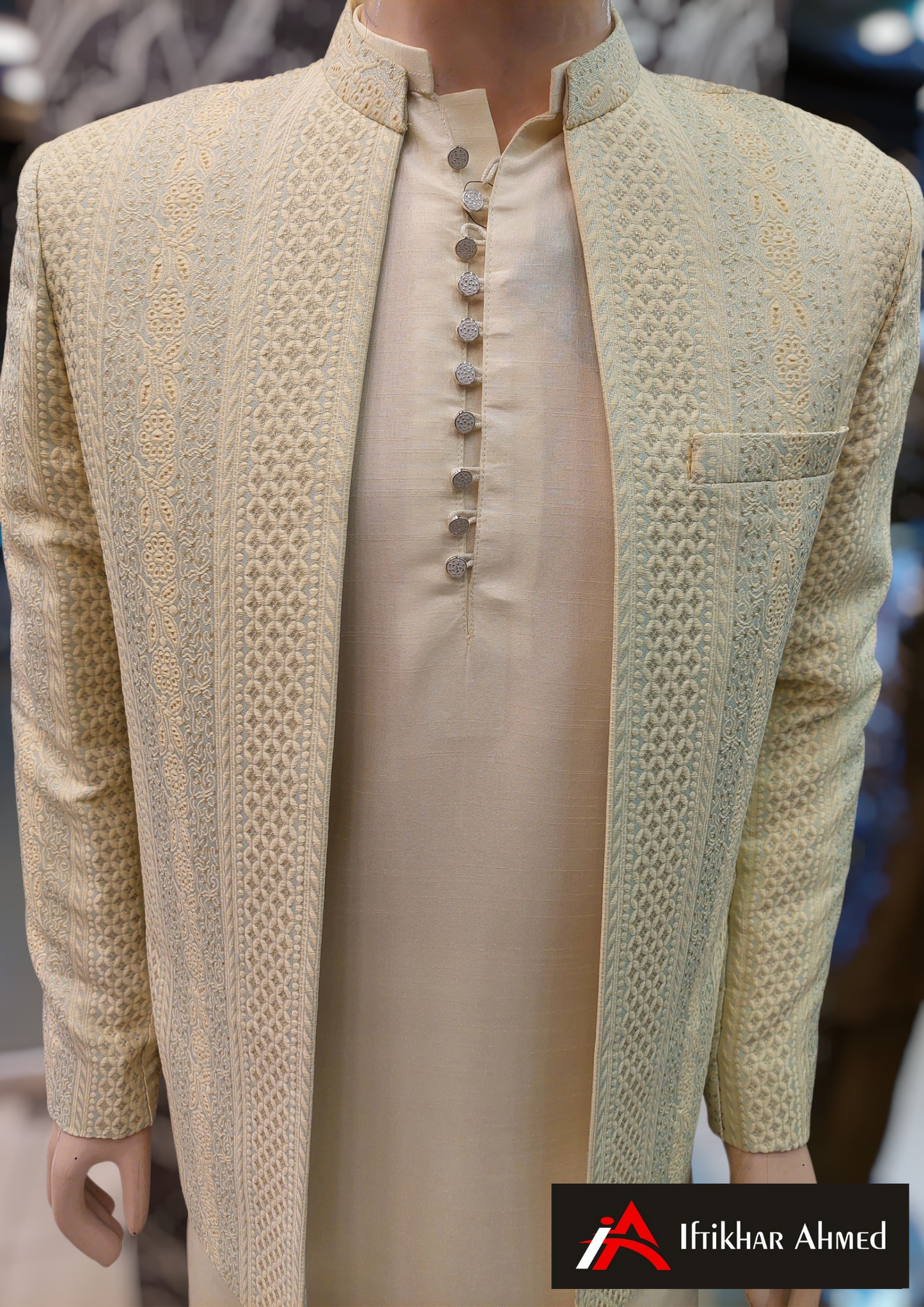 Sea Green With Cream Embroidery -  Open Style Prince Coat - MDC Fabric