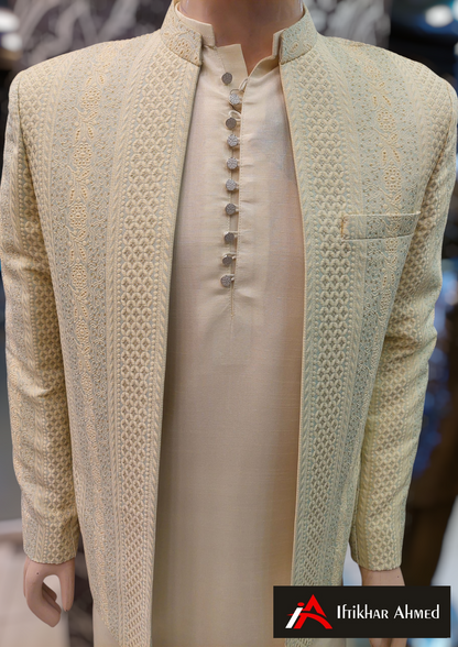 Sea Green With Cream Embroidery -  Open Style Prince Coat - MDC Fabric