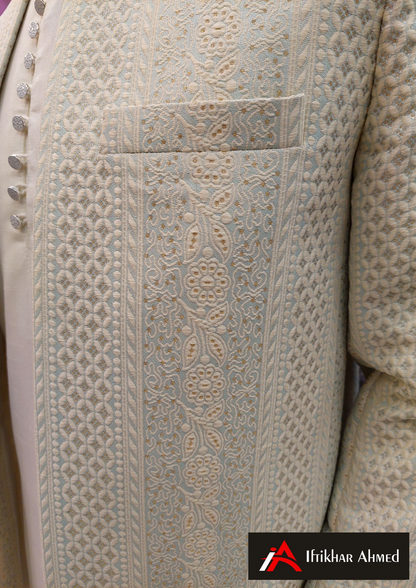 Sea Green With Cream Embroidery -  Open Style Prince Coat - MDC Fabric