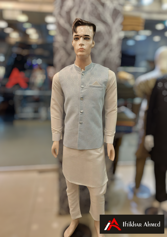 White With Sky Blue Embroidery - Waist Coat – MDC Fabric