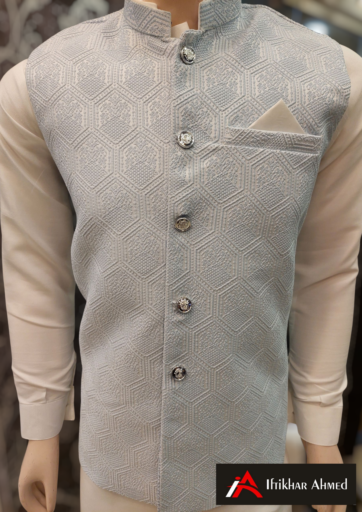 White With Sky Blue Embroidery - Waist Coat – MDC Fabric