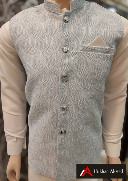 White With Sky Blue Embroidery - Waist Coat – MDC Fabric