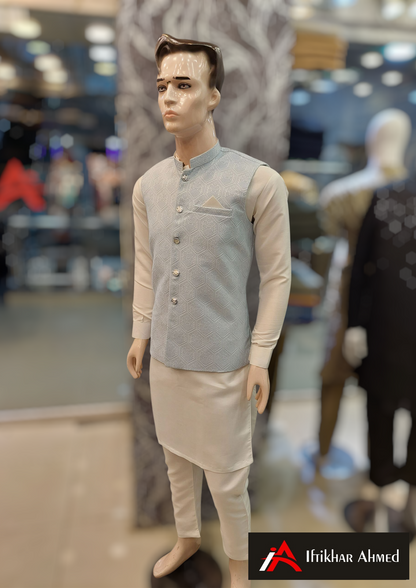 White With Sky Blue Embroidery - Waist Coat – MDC Fabric