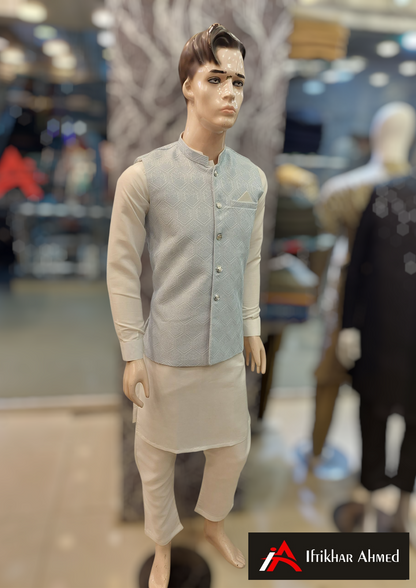 White With Sky Blue Embroidery - Waist Coat – MDC Fabric