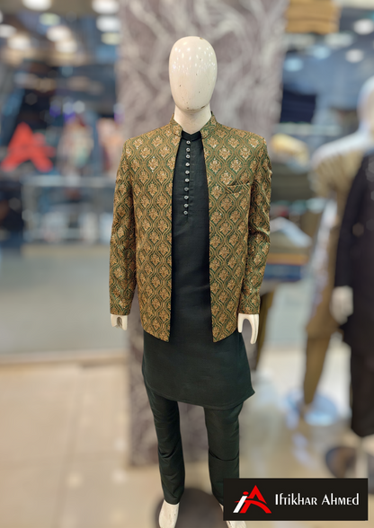 Green With Copper Embroidery -  Open Style Prince Coat - Masoori Fabric