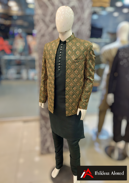 Green With Copper Embroidery -  Open Style Prince Coat - Masoori Fabric