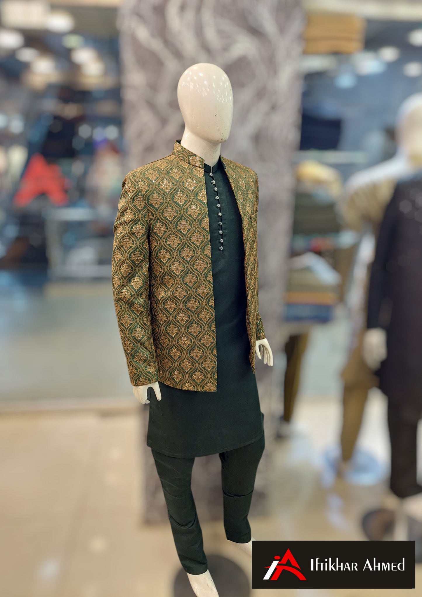 Green With Copper Embroidery -  Open Style Prince Coat - Masoori Fabric