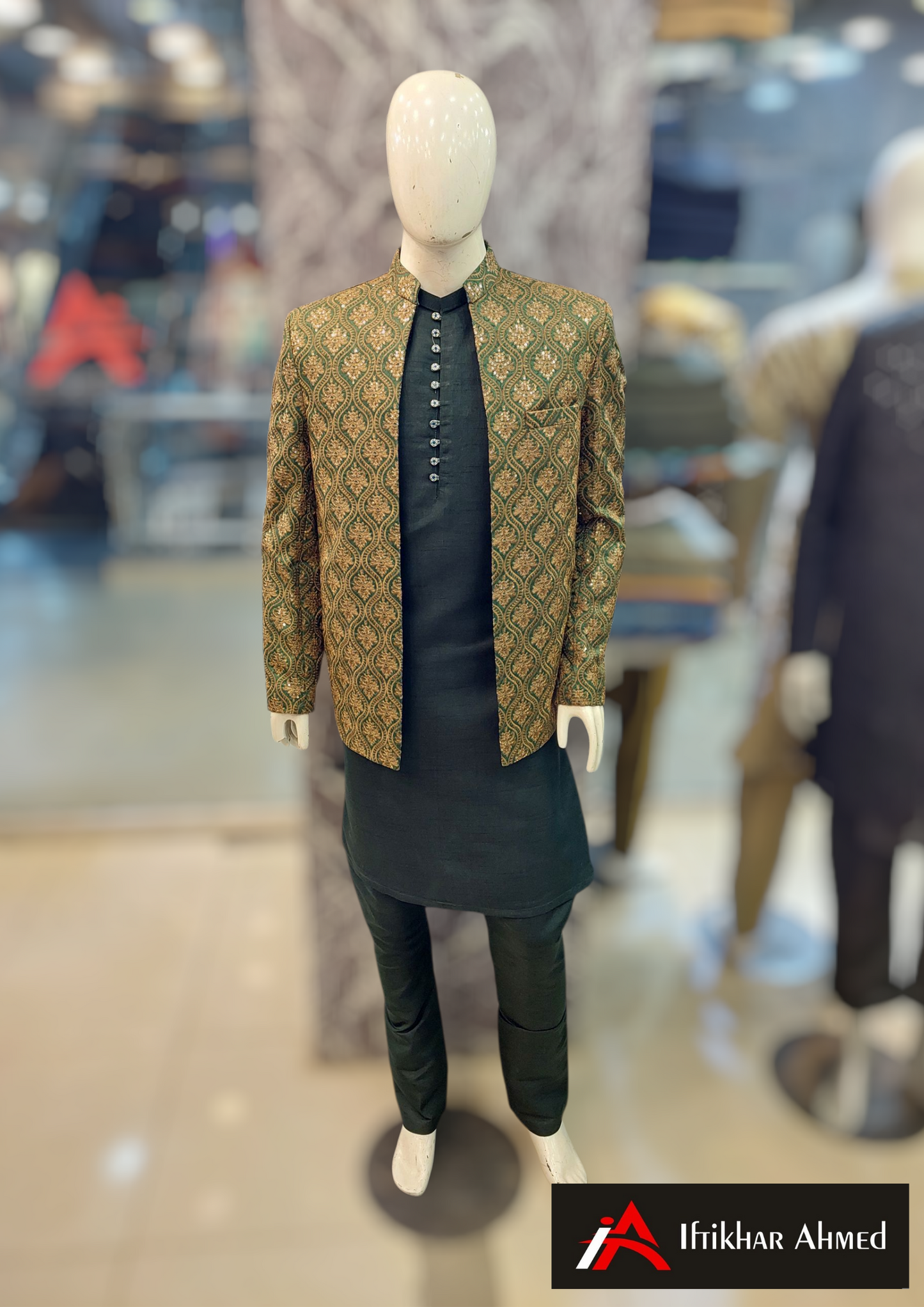 Green With Copper Embroidery -  Open Style Prince Coat - Masoori Fabric