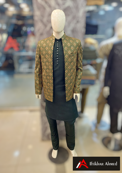 Green With Copper Embroidery -  Open Style Prince Coat - Masoori Fabric