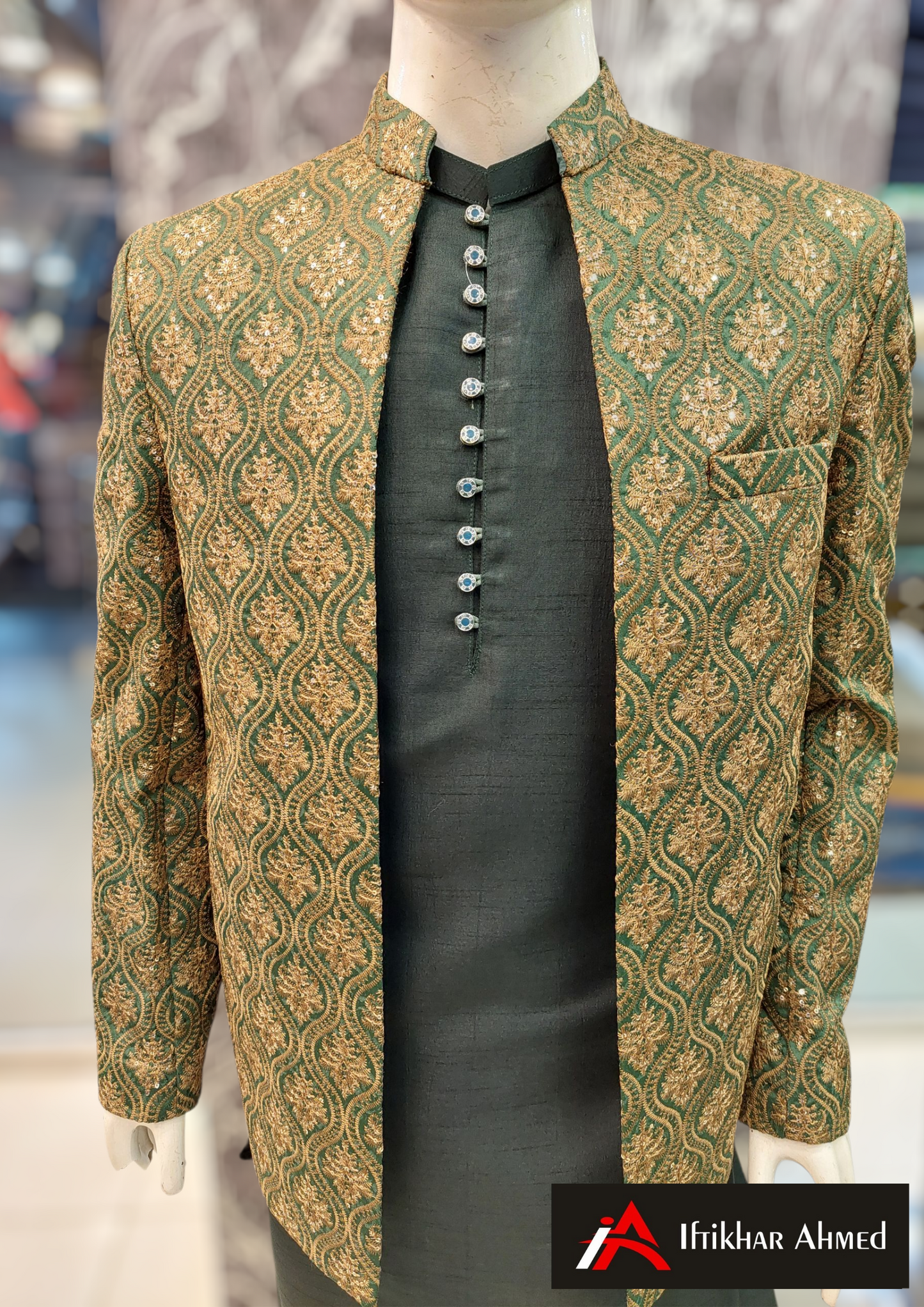 Green With Copper Embroidery -  Open Style Prince Coat - Masoori Fabric