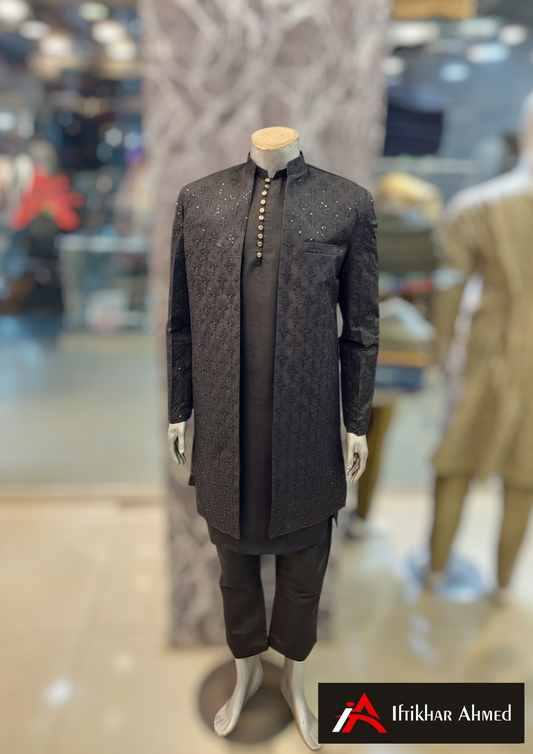 Black With Black Embroidery -  Open Style Gown - Masoori Fabric