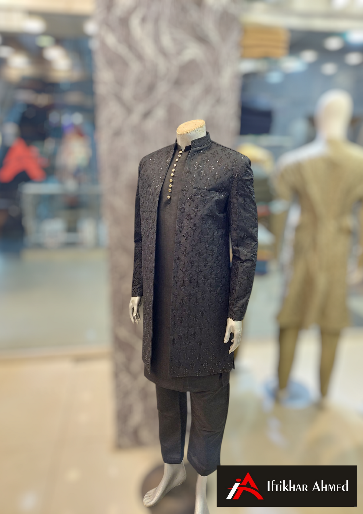 Black With Black Embroidery -  Open Style Gown - Masoori Fabric