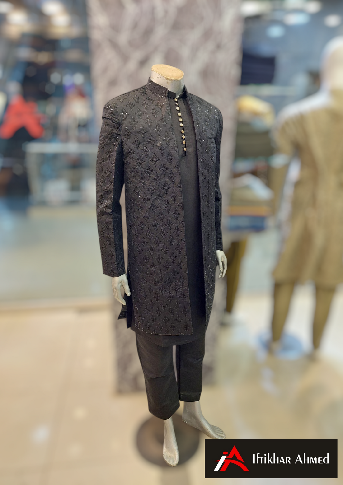 Black With Black Embroidery -  Open Style Gown - Masoori Fabric