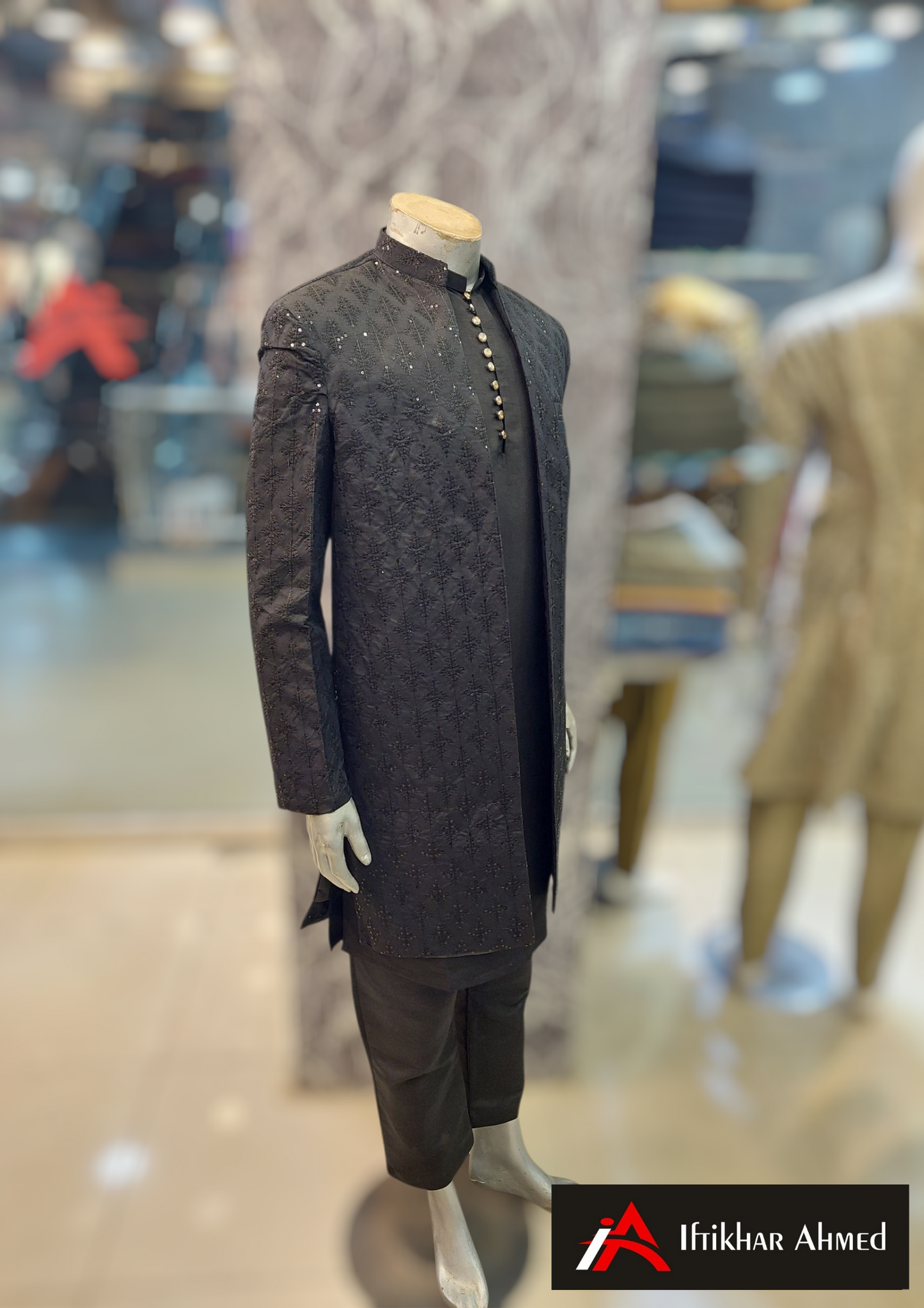 Black With Black Embroidery -  Open Style Gown - Masoori Fabric