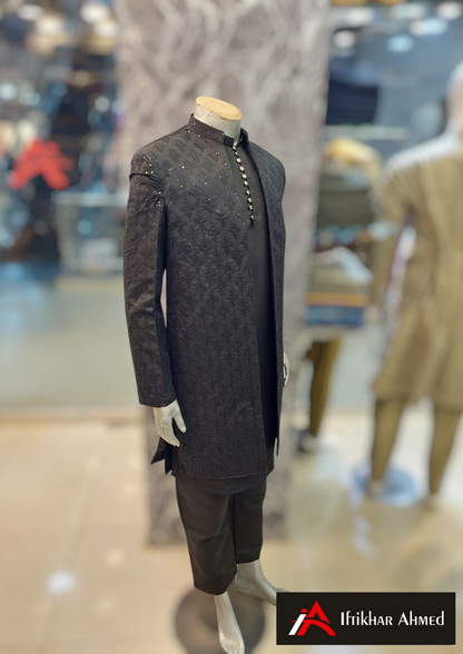 Black With Black Embroidery -  Open Style Gown - Masoori Fabric