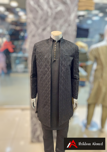 Black With Black Embroidery -  Open Style Gown - Masoori Fabric