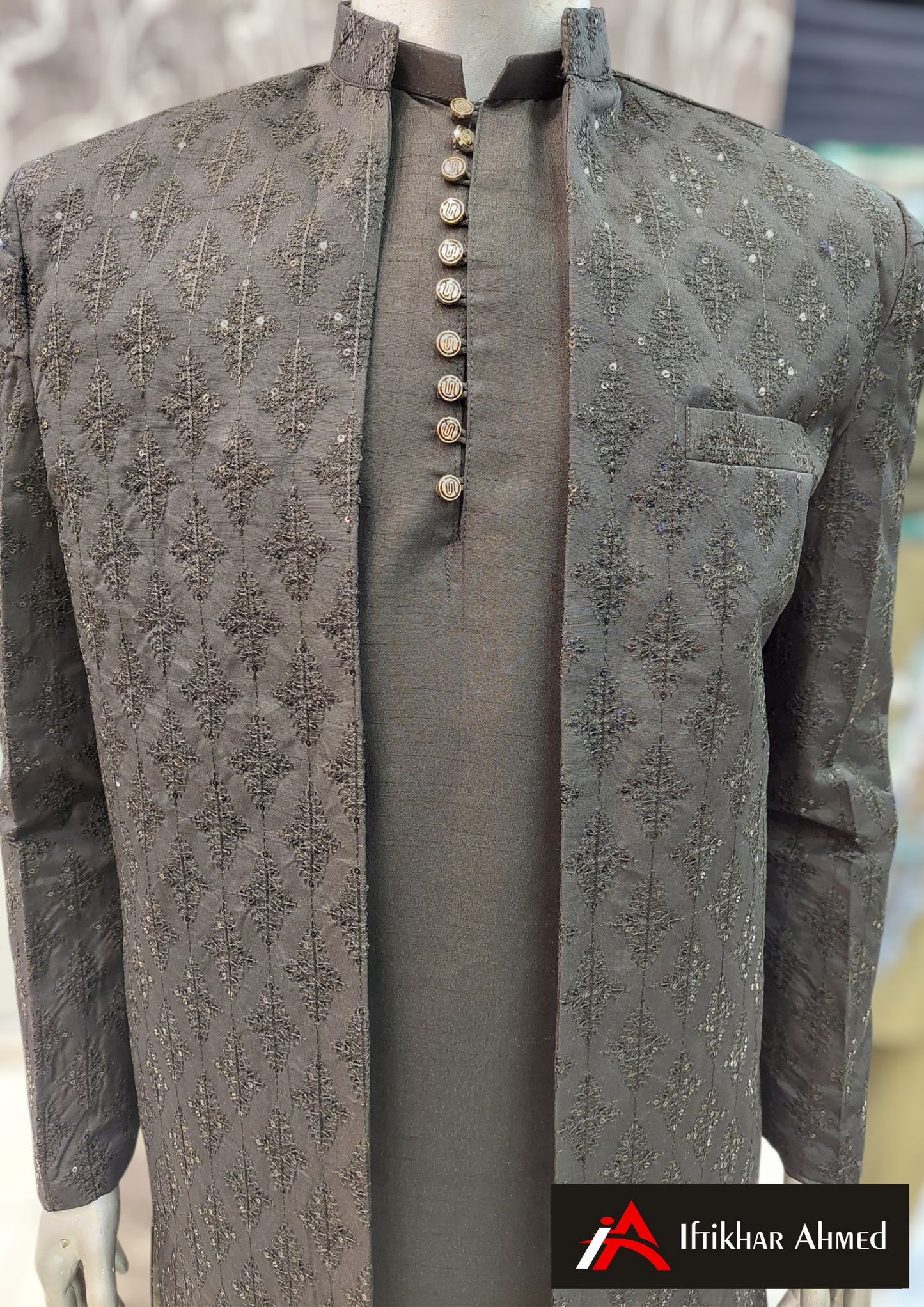 Black With Black Embroidery -  Open Style Gown - Masoori Fabric