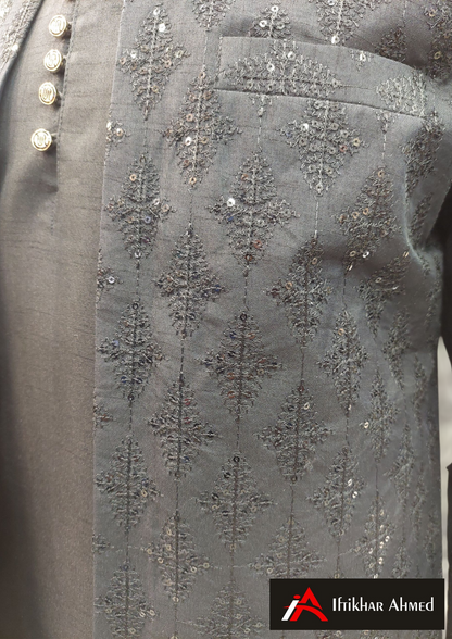 Black With Black Embroidery -  Open Style Gown - Masoori Fabric