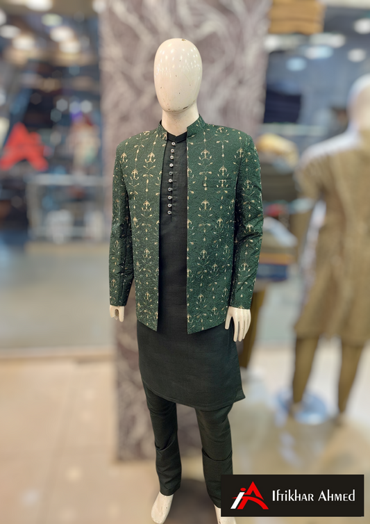 Green With Green Golden Embroidery -  Open Style Prince Coat - Masoori Fabric